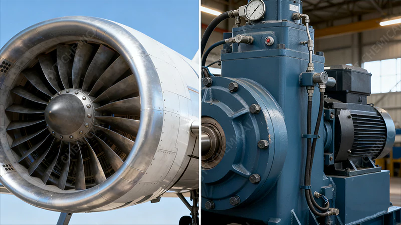 A split view showing a jet engine turbine and a refrigeration compressor unit