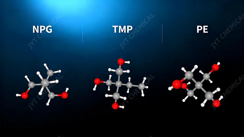 Molecular structures of Neopentyl Glycol (NPG), Trimethylolpropane (TMP), and Pentaerythritol (PE)