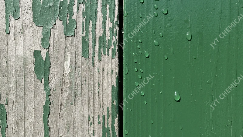 An outdoor-coated surface showing half faded and cracked, and the other half pristine and new