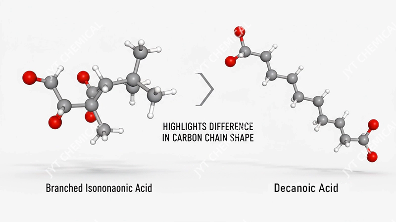 A diagram illustrating the stable carbon backbone of isononanoic acid with a less stable linear acid