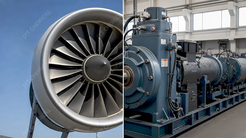 Side-by-side images of a jet engine turbine and an industrial refrigeration compressor