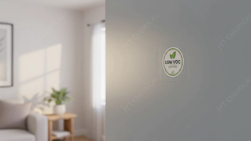 A freshly painted wall with a 'Low VOC' label prominently displayed